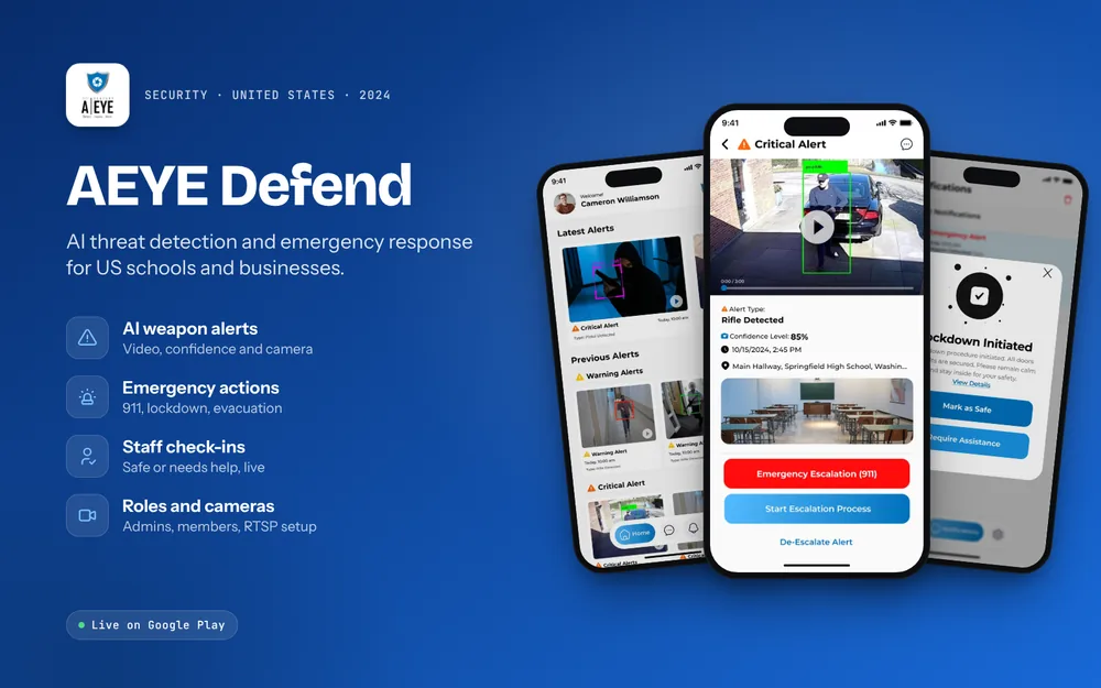 AEYE Defend: AI weapon alerts, Emergency actions, Staff check-ins, Roles and cameras