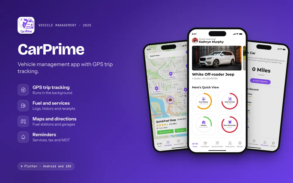 CarPrime: GPS trip tracking, Fuel and services, Maps and directions, Reminders