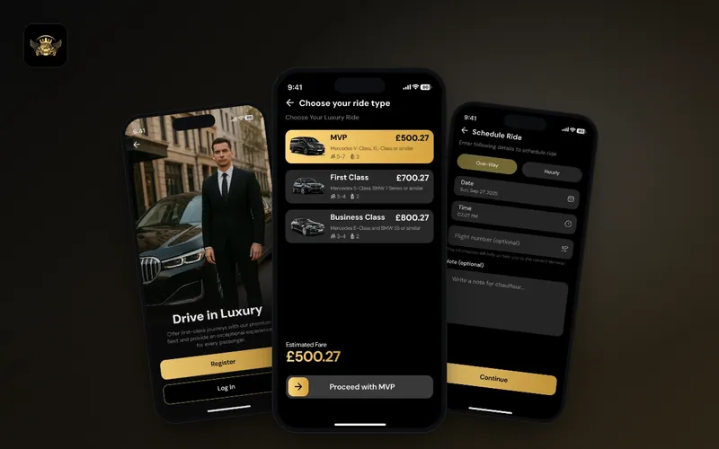 Chauffeurs1325 app screens