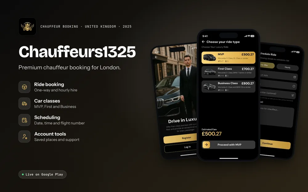 Chauffeurs1325: Ride booking, Car classes, Scheduling, Account tools