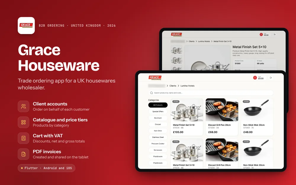 Grace Houseware: Client accounts, Catalogue and price tiers, Cart with VAT, PDF invoices
