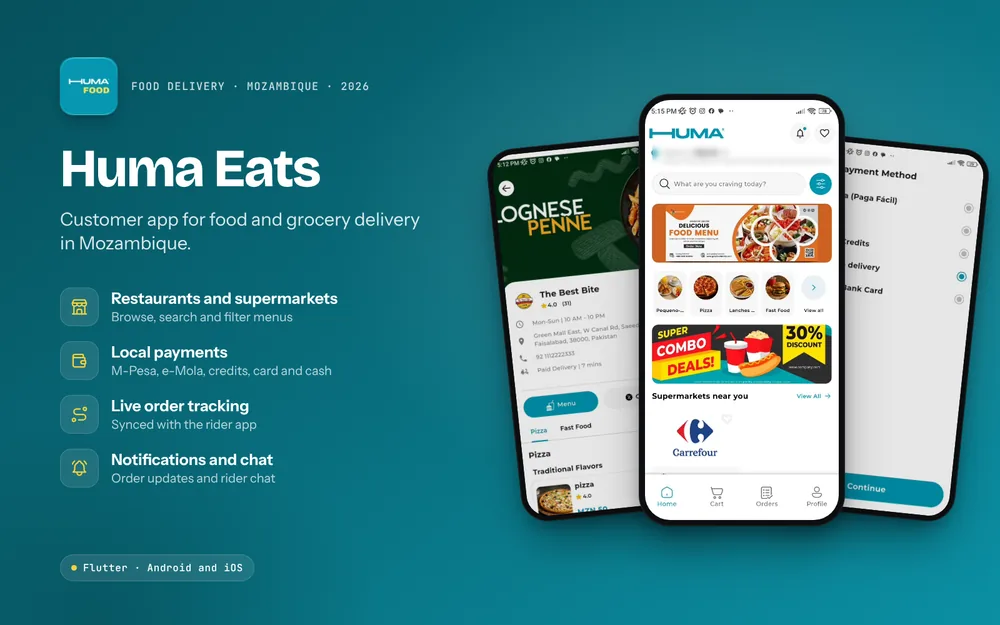 Huma Eats: Restaurants and supermarkets, Local payments, Live order tracking, Notifications and chat
