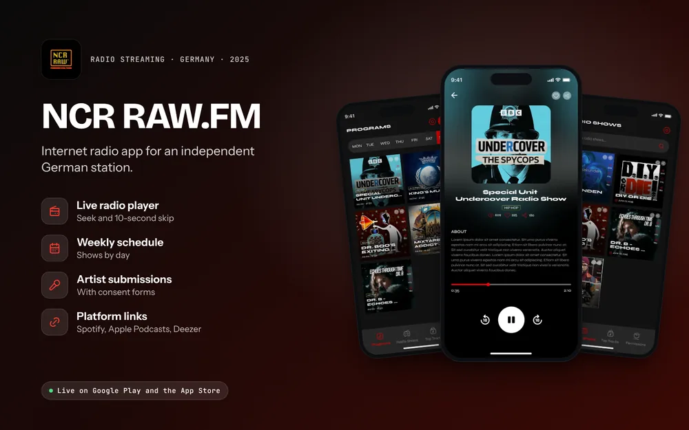 NCR RAW.FM: Live radio player, Weekly schedule, Artist submissions, Platform links