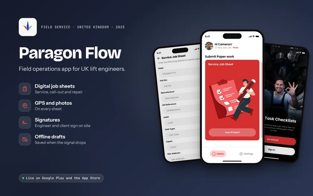 Paragon Flow: Digital job sheets, GPS and photos, Signatures, Offline drafts