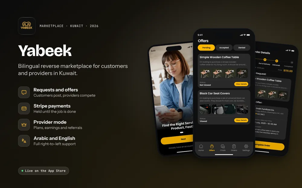 Yabeek: Requests and offers, Stripe payments, Provider mode, Arabic and English